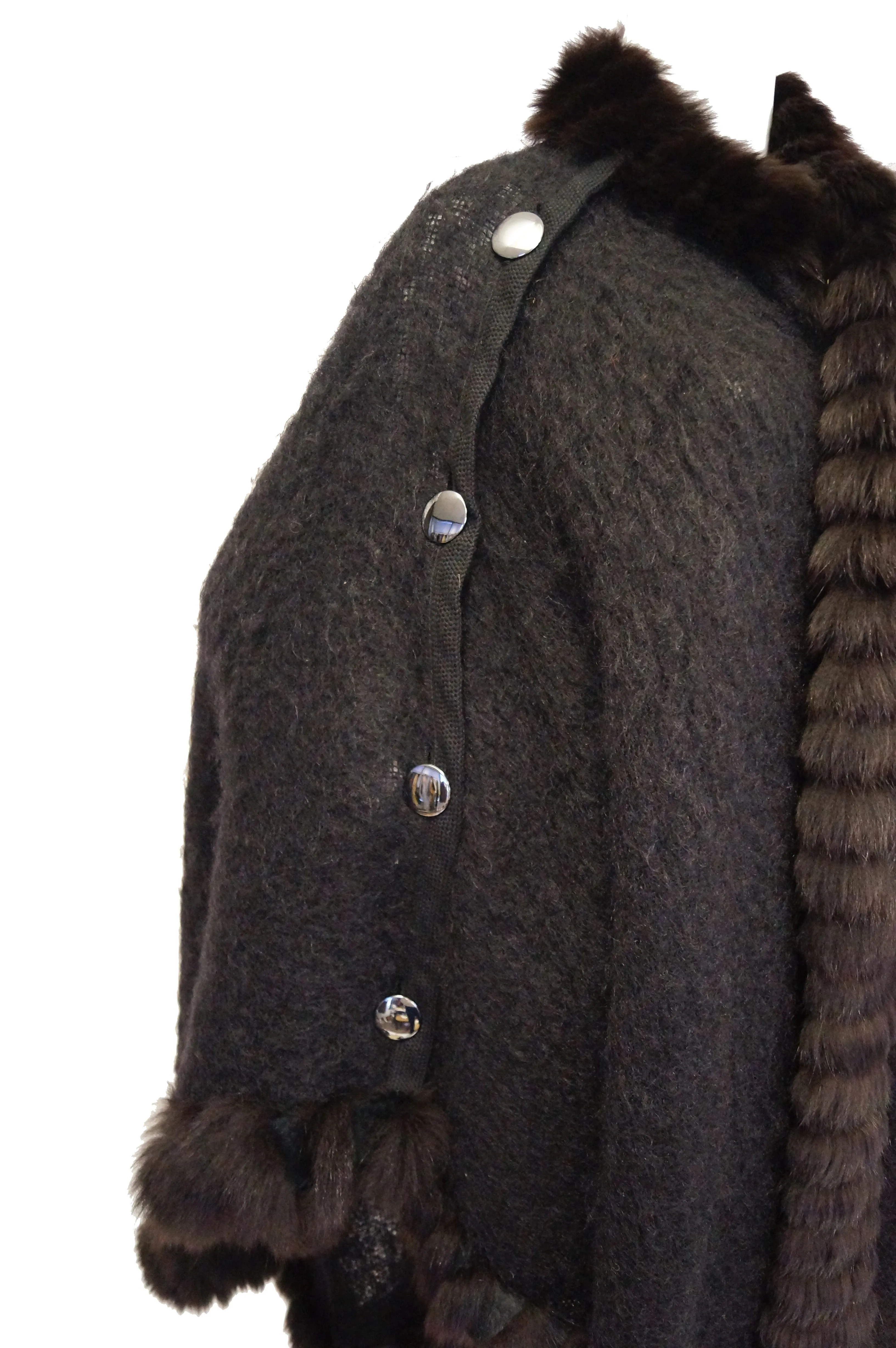 1970s Yves Saint Laurent Wool and Fox Button Shawl Cape