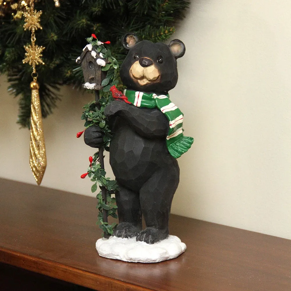 9.75" Black Grizzly Bear with Pine Berry Bird House Christmas Table Top Decoration