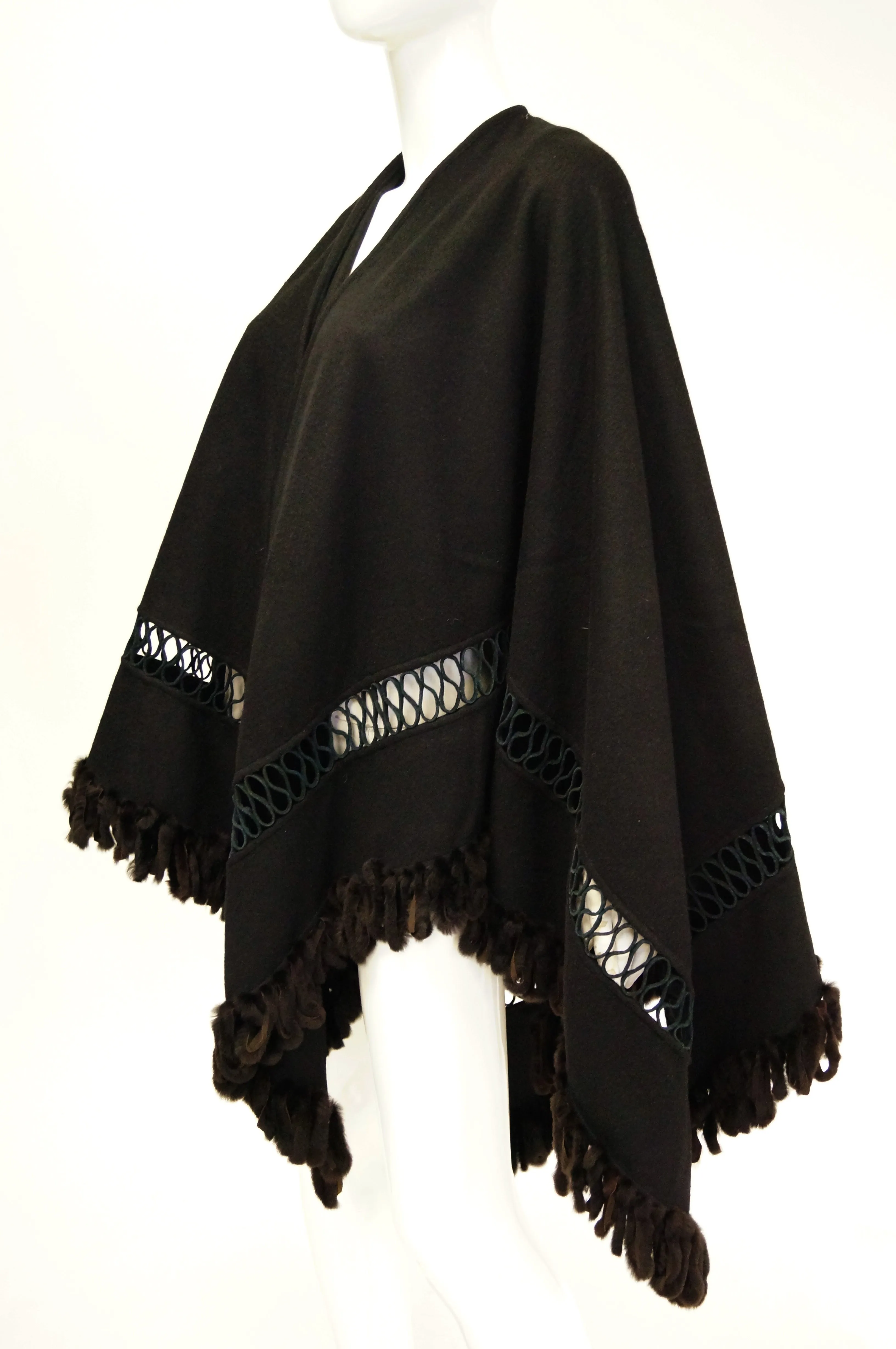 Adrienne Landau Black Wool and Fox Fur Shawl