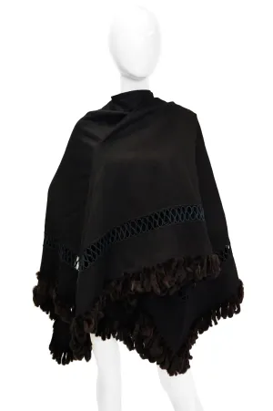 Adrienne Landau Black Wool and Fox Fur Shawl