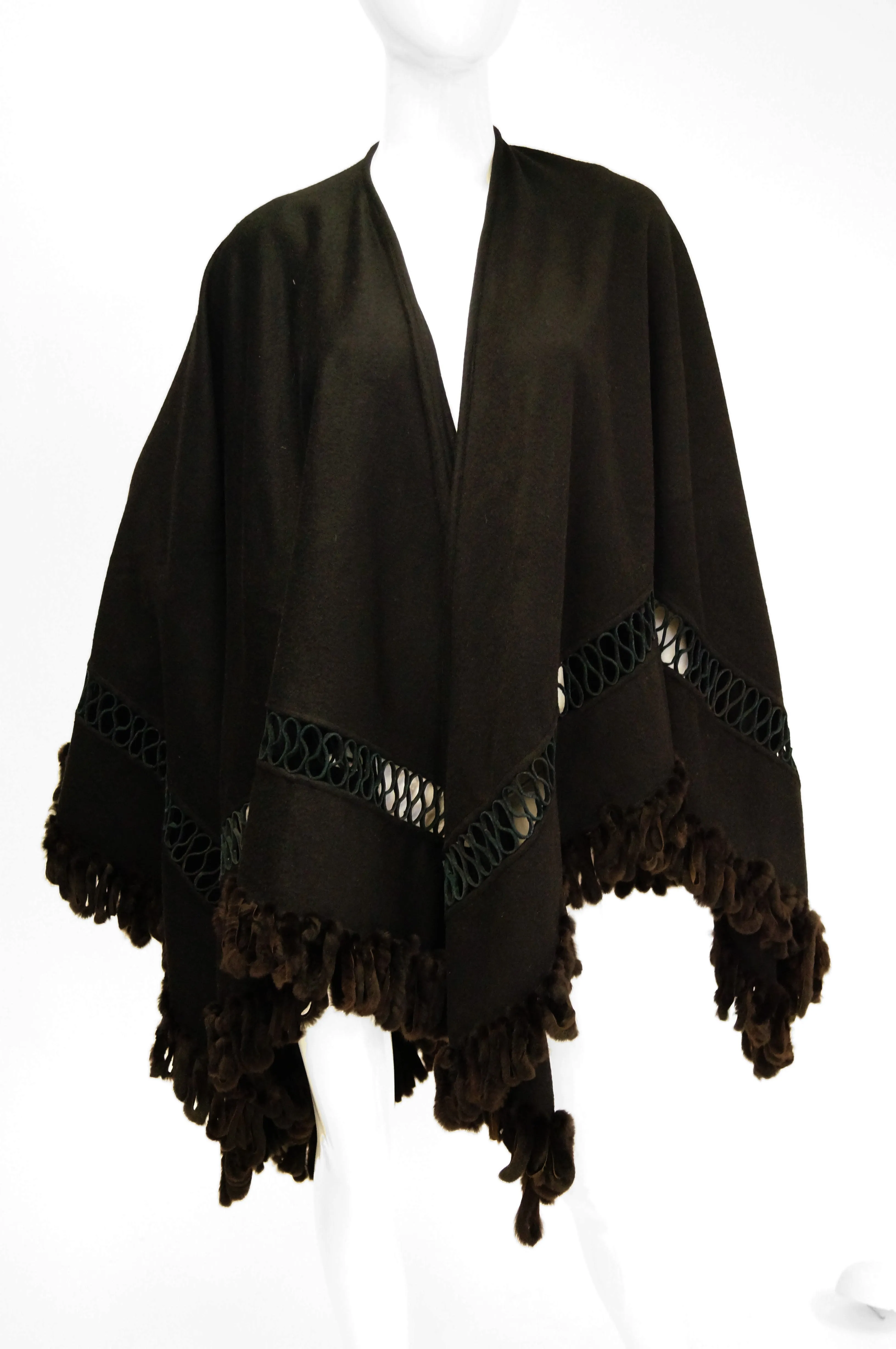 Adrienne Landau Black Wool and Fox Fur Shawl