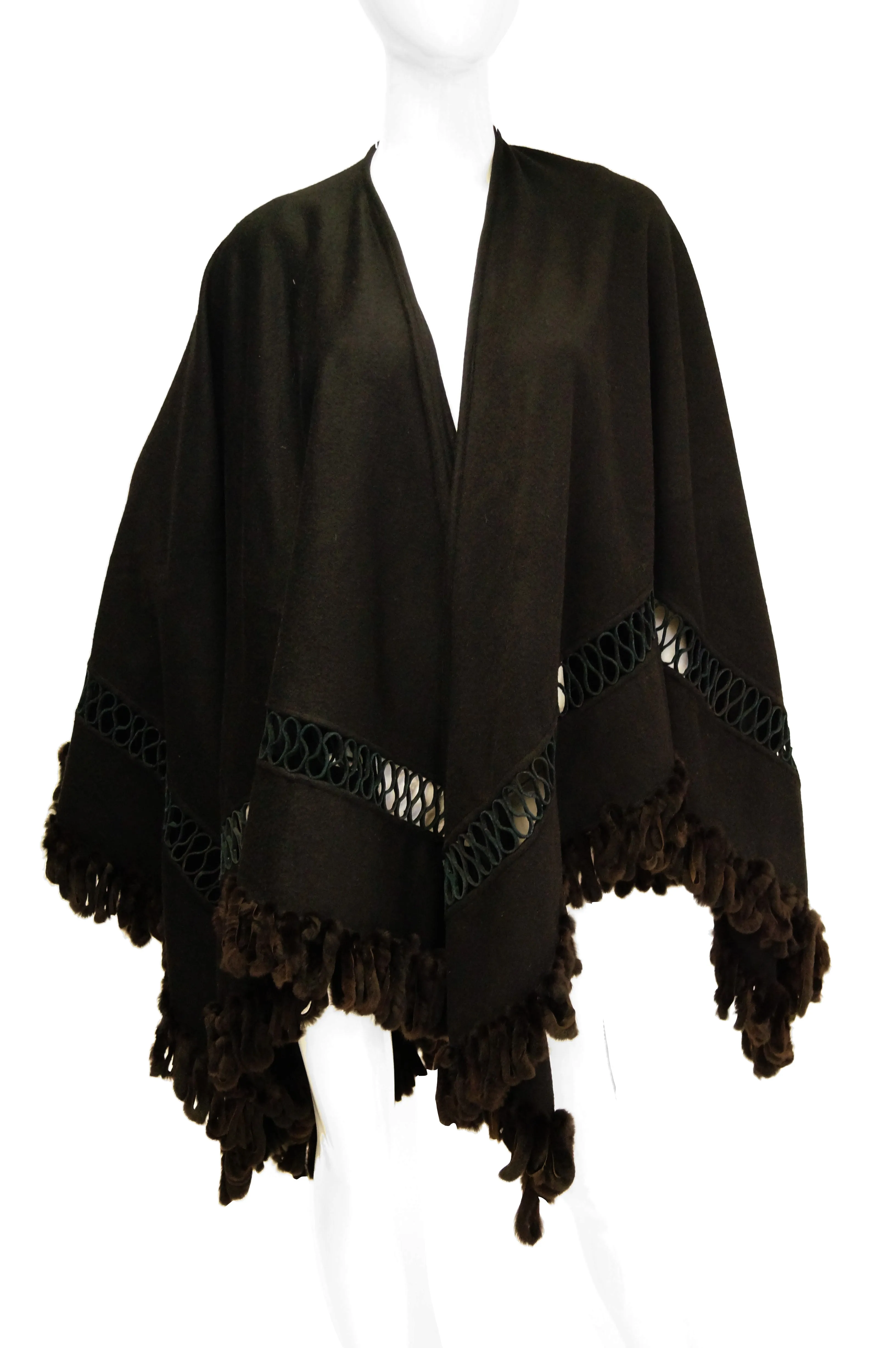 Adrienne Landau Black Wool and Fox Fur Shawl