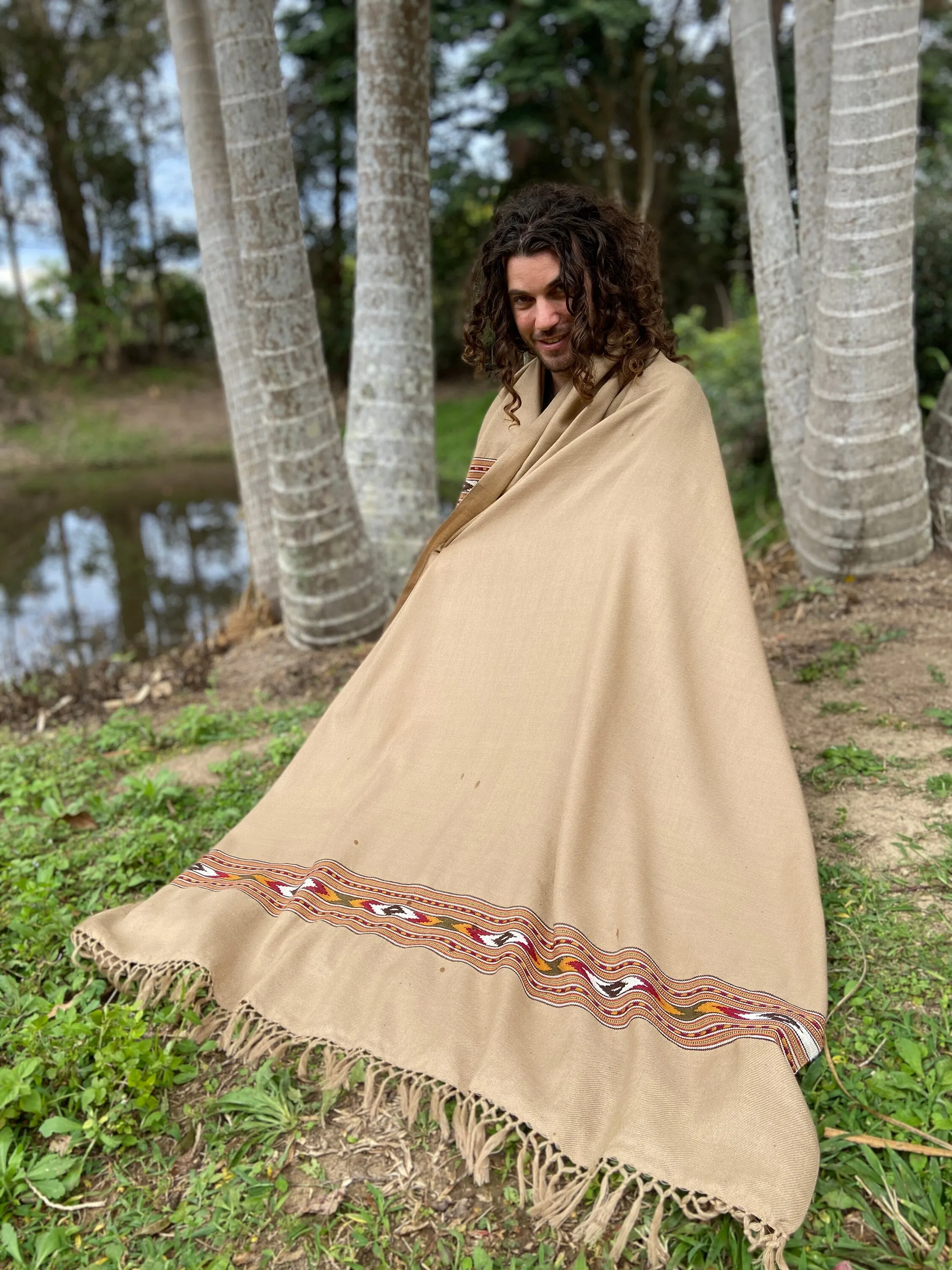 BHAVA Shawl Light Brown Handwoven Wool Meditation Prayer Scarf Blanket Premium Pure Cashmere Tibetan Winter Zen Embroidery Boho AJJAYA