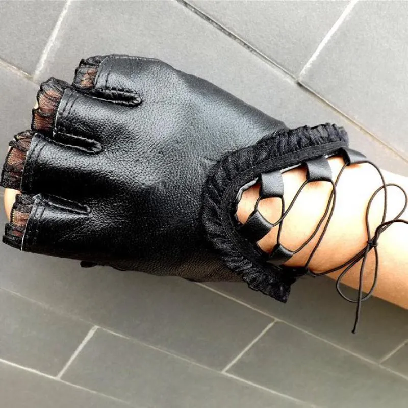 Black Half Finger Leather Sexy Gloves