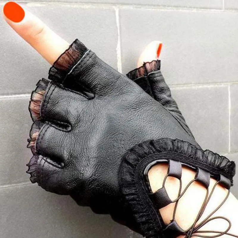 Black Half Finger Leather Sexy Gloves