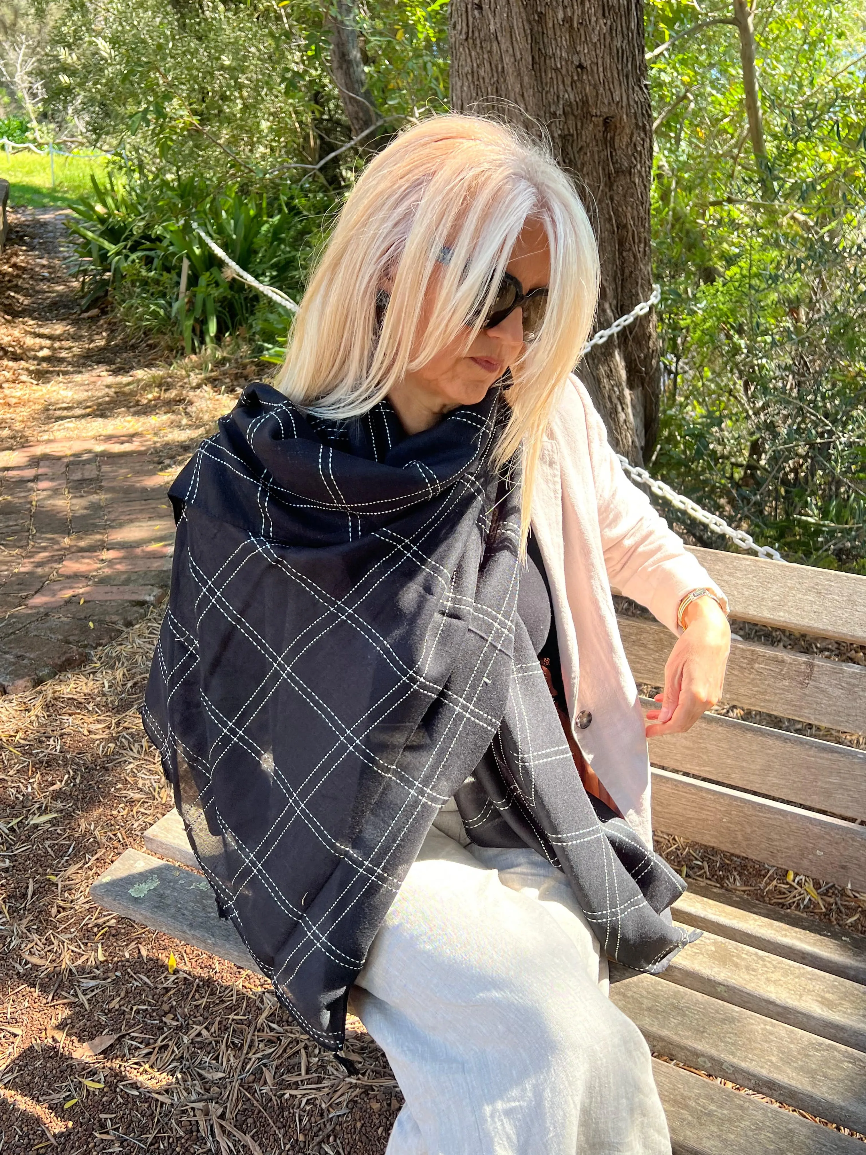 Black Scarf Plaid - White Stitching