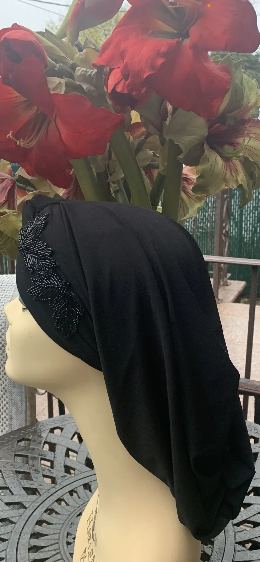 Black Snood With Appliqué | Black Hijab With Design | Black Turban| Made in USA by Uptown Girl Headwear