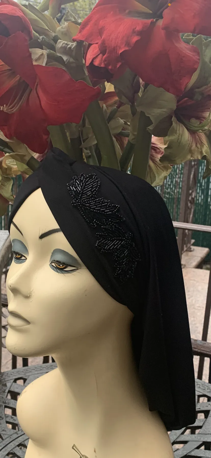 Black Snood With Appliqué | Black Hijab With Design | Black Turban| Made in USA by Uptown Girl Headwear