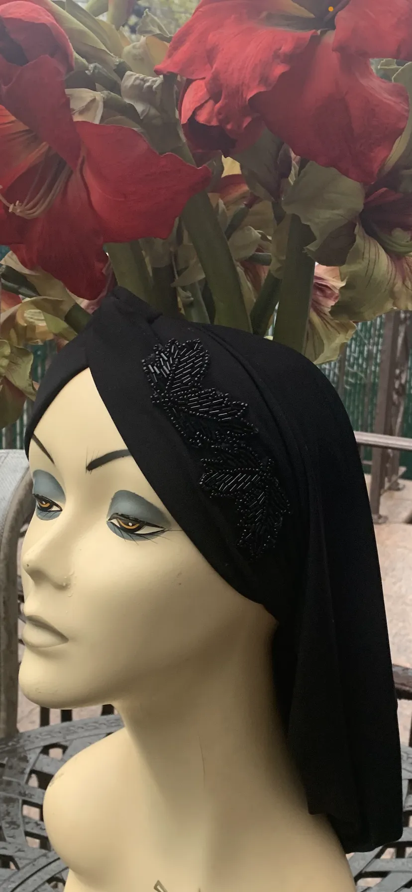 Black Snood With Appliqué | Black Hijab With Design | Black Turban| Made in USA by Uptown Girl Headwear