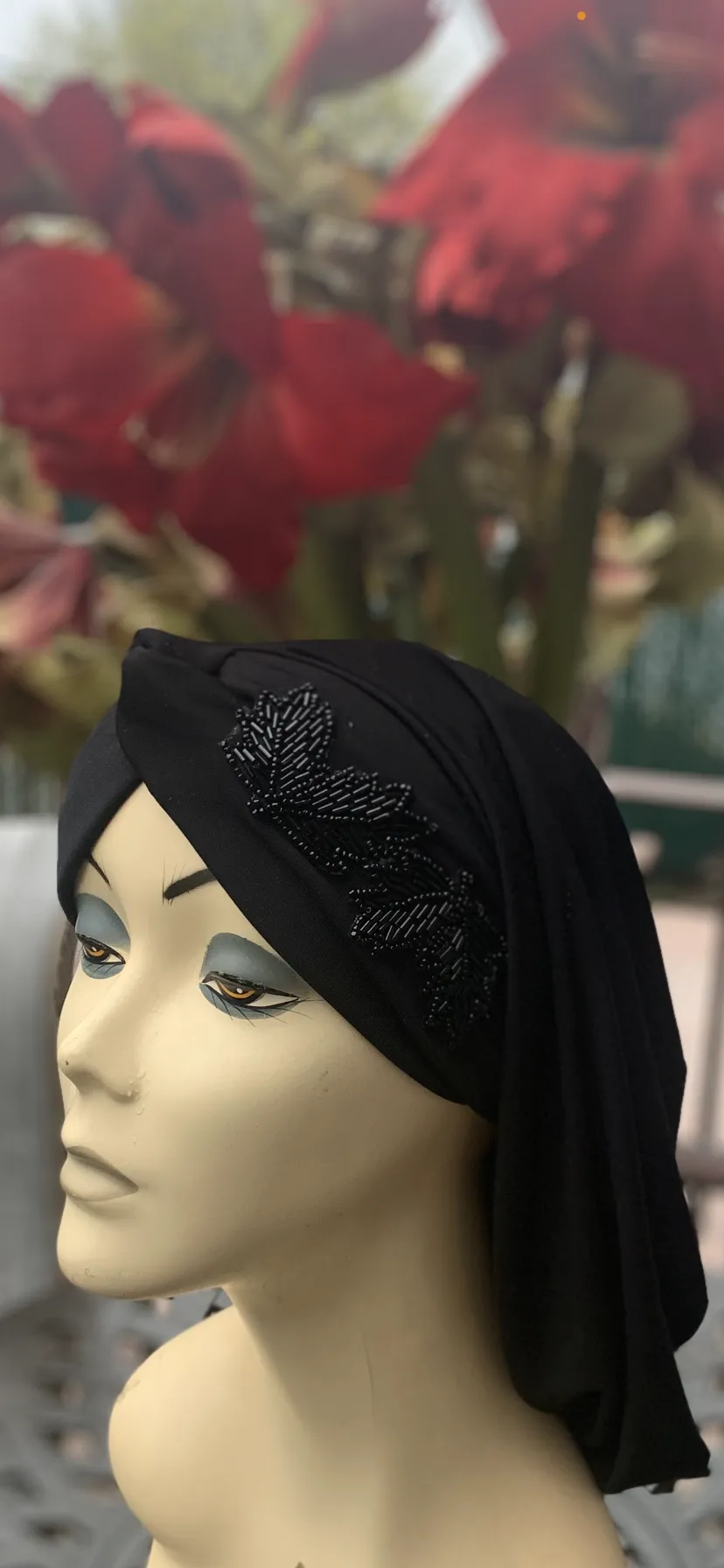 Black Snood With Appliqué | Black Hijab With Design | Black Turban| Made in USA by Uptown Girl Headwear