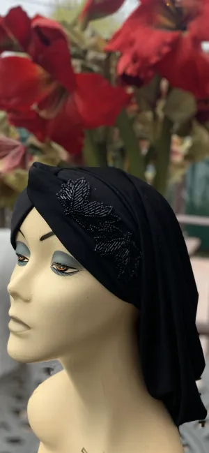 Black Snood With Appliqué | Black Hijab With Design | Black Turban| Made in USA by Uptown Girl Headwear