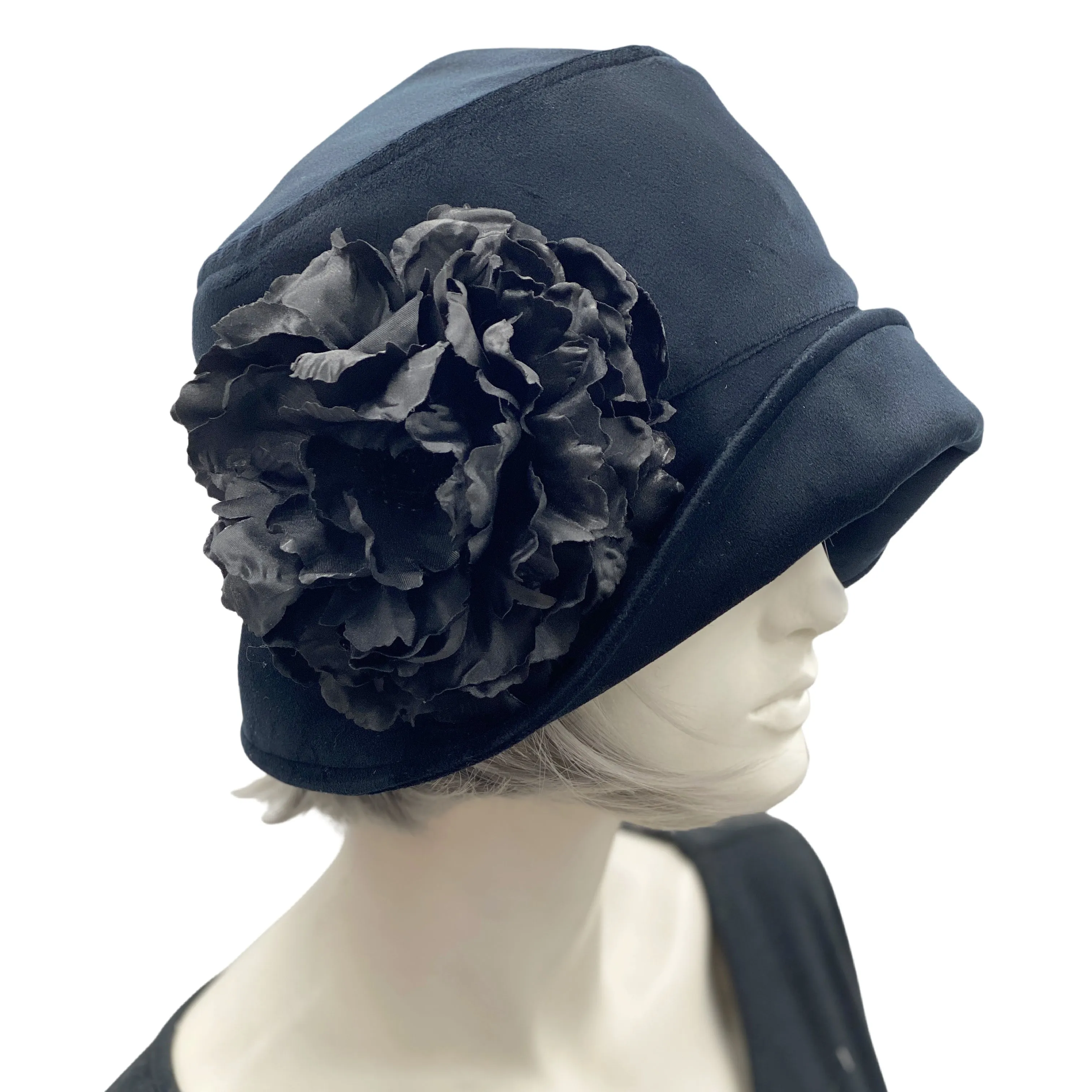 Black Velvet Cloche Hat with Large Removable Flower | The Eleanor