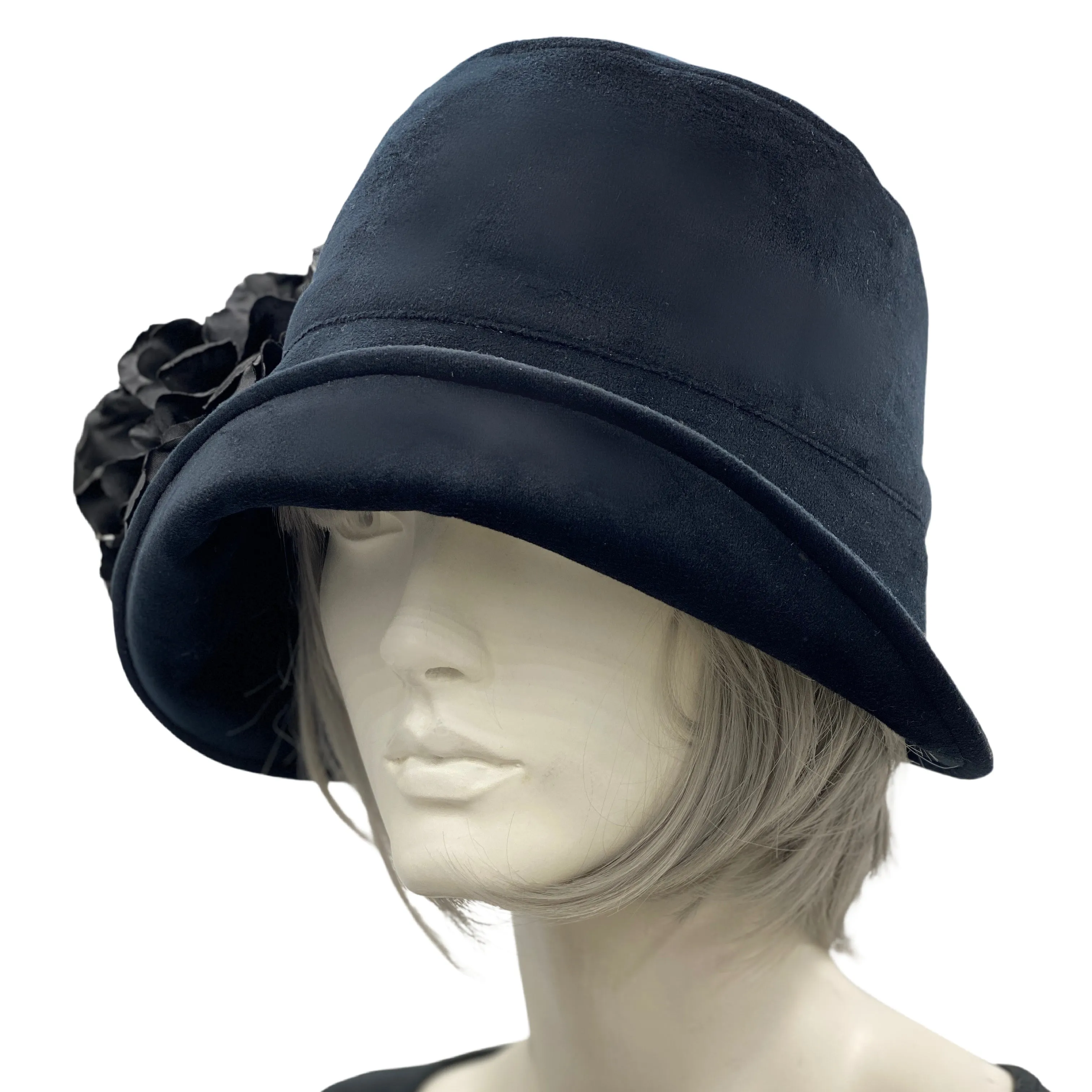 Black Velvet Cloche Hat with Large Removable Flower | The Eleanor