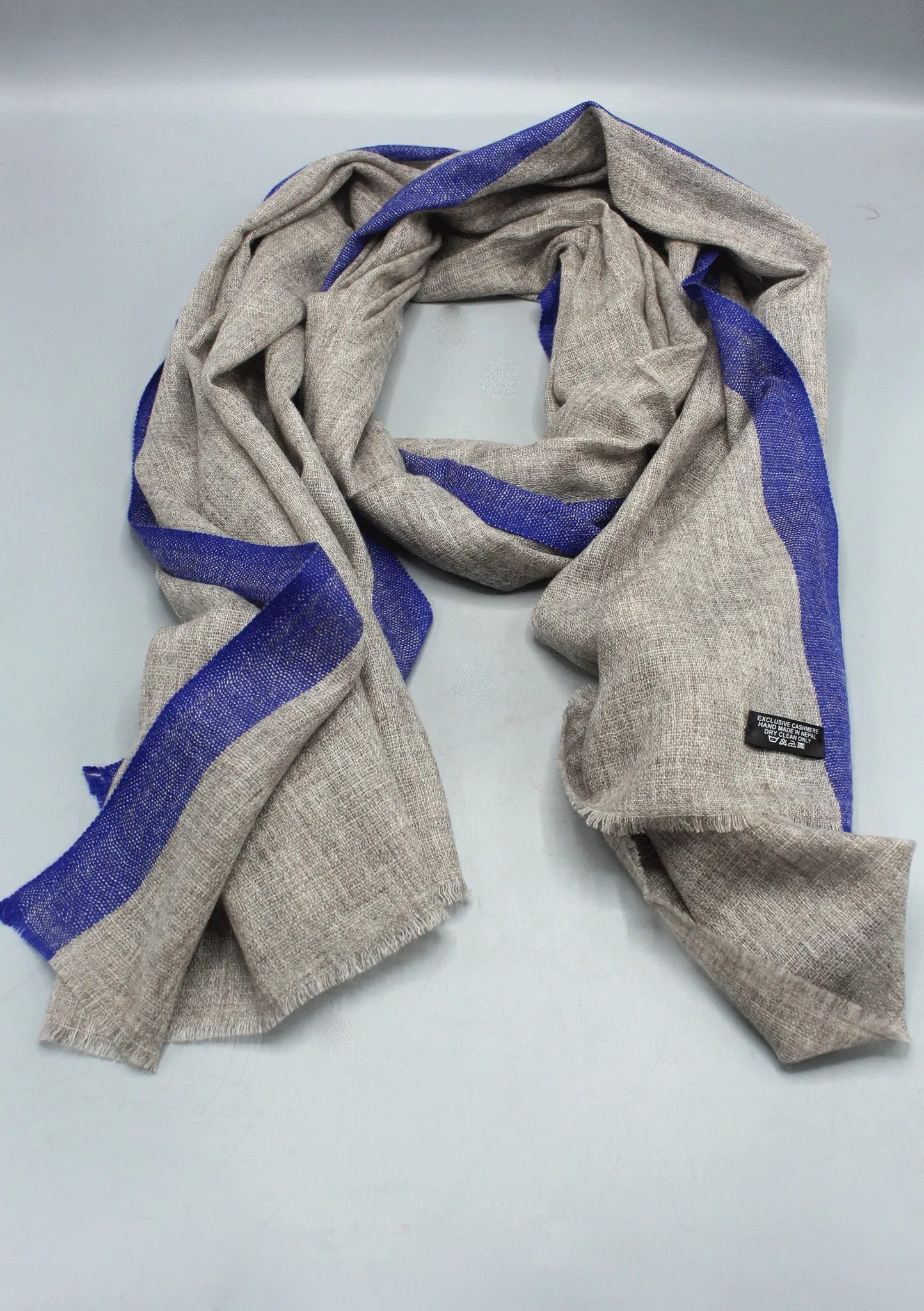 Blue Border Beige Color Mix Wool Cashmere Shawl