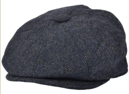 Blue Wool Herringbone 8 Panel Newsboy Cap by G&H