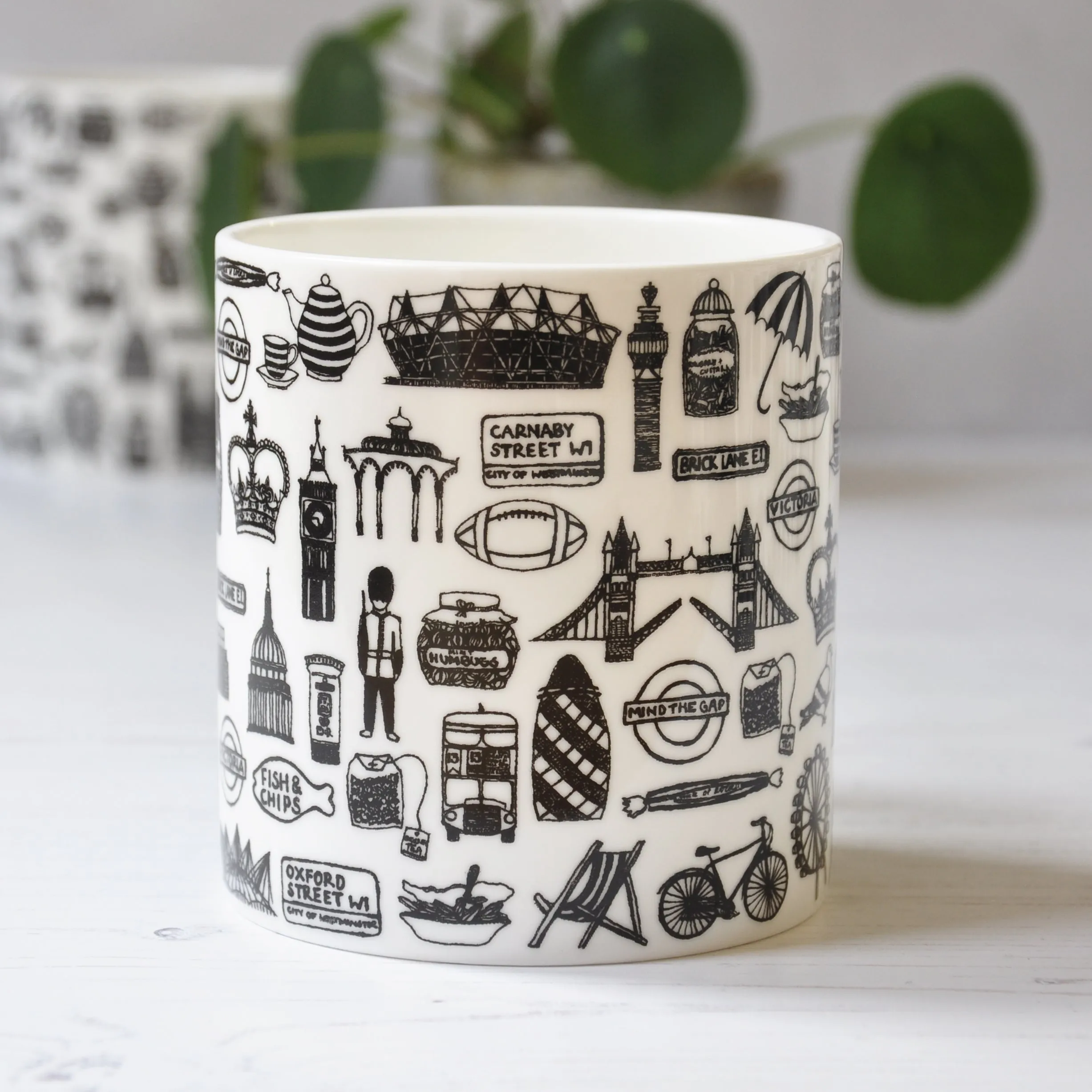 British illustrated black and white mug