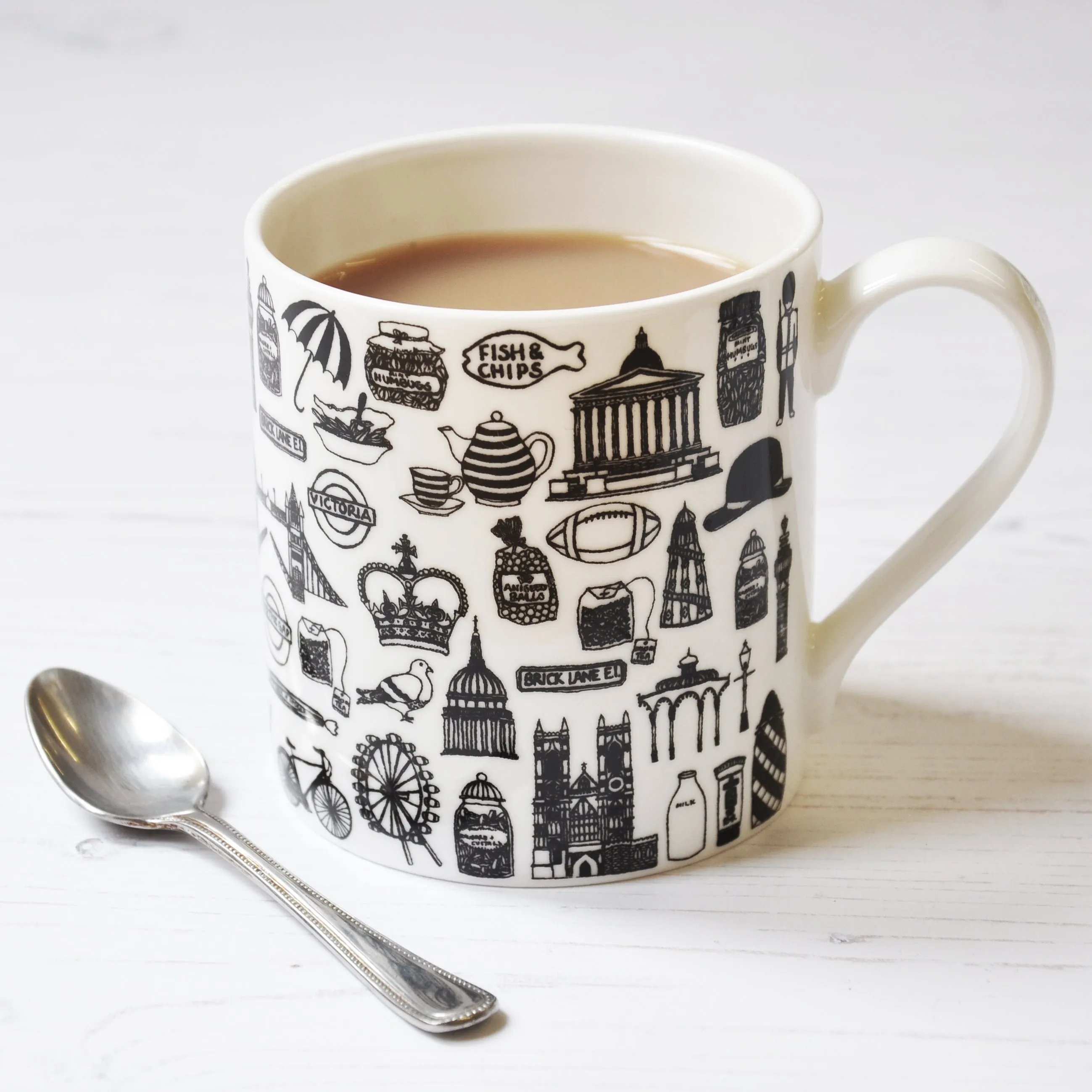 British illustrated black and white mug