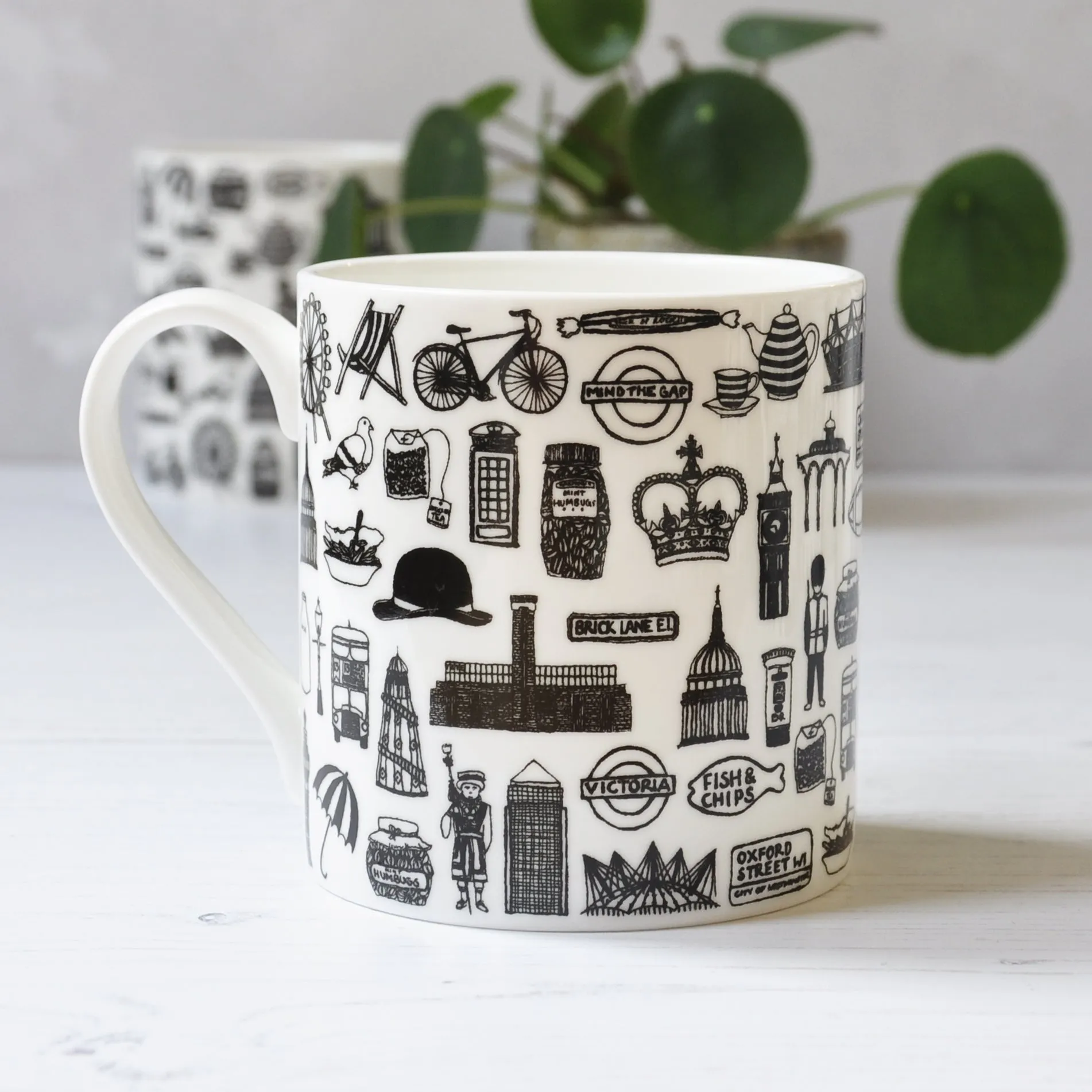 British illustrated black and white mug