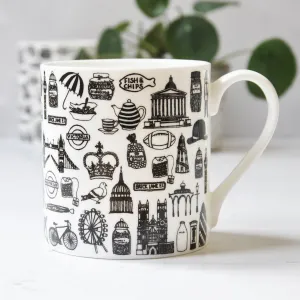 British illustrated black and white mug