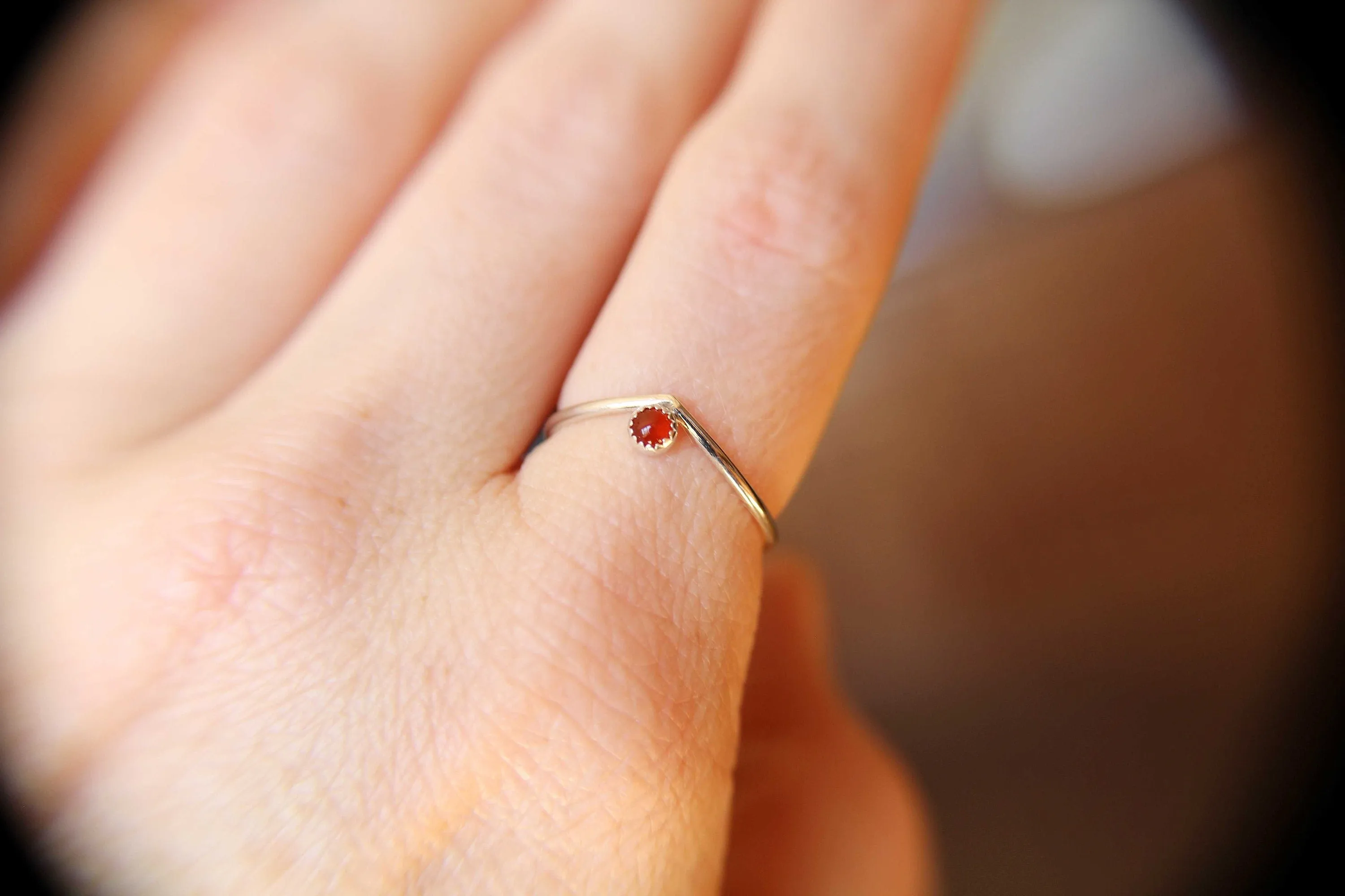 Chevron Ring, Stackable Ring, Birthstone Ring, Dainty Gemstone Ring, Minimalist Stackable Sterling Silver Birthstone Ring, Carnelian, Gift