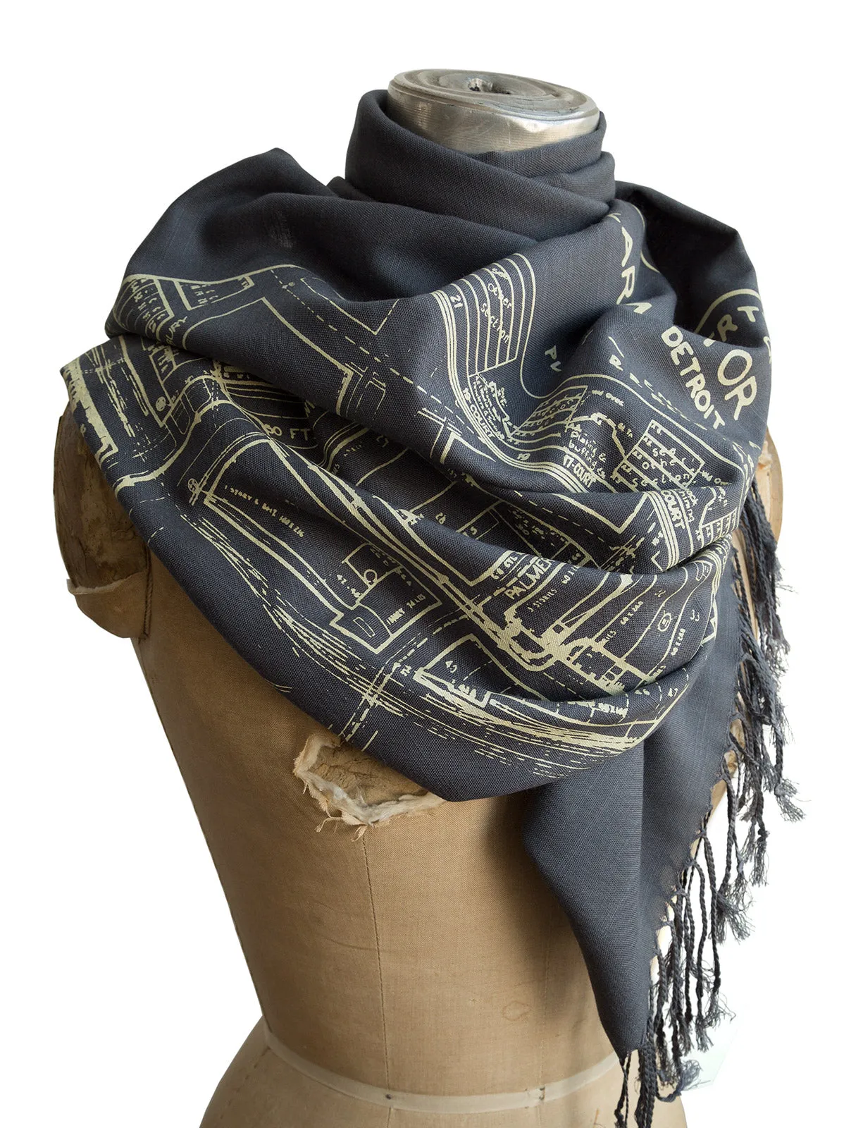 Detroit Map Scarf, Packard Plant Engineering Blueprint Bamboo Pashmina