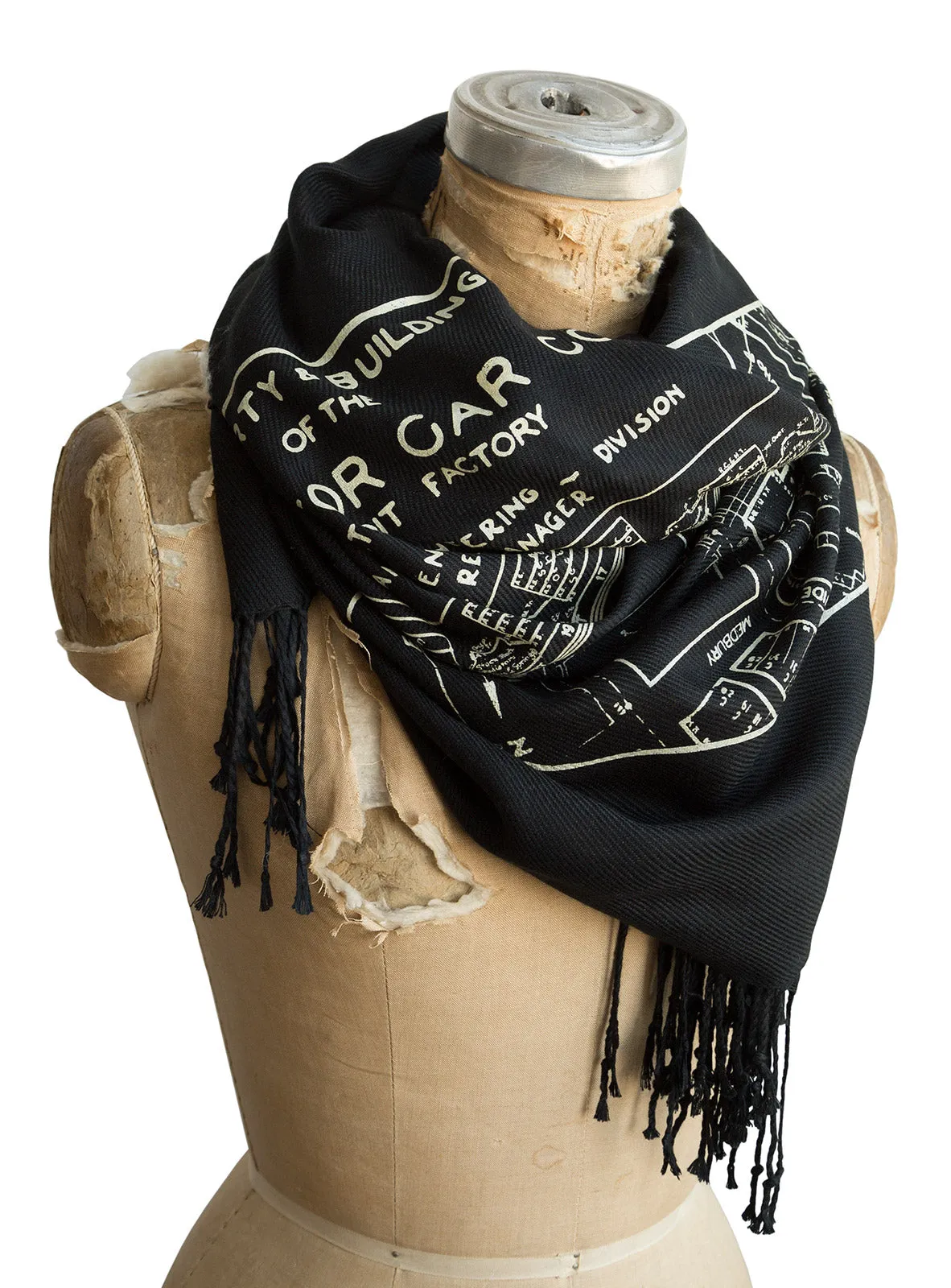 Detroit Map Scarf, Packard Plant Engineering Blueprint Bamboo Pashmina