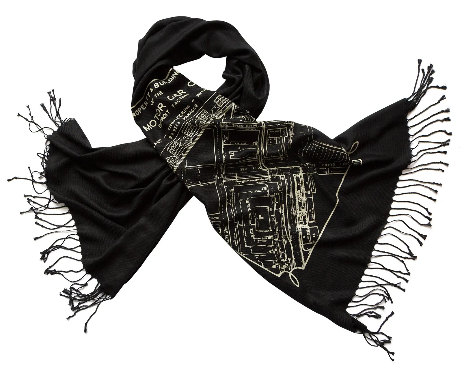 Detroit Map Scarf, Packard Plant Engineering Blueprint Bamboo Pashmina