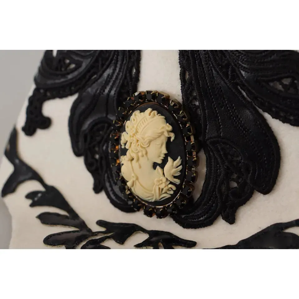 Dolce & Gabbana White Black Wool Embroidered Cameo Brooch Hat