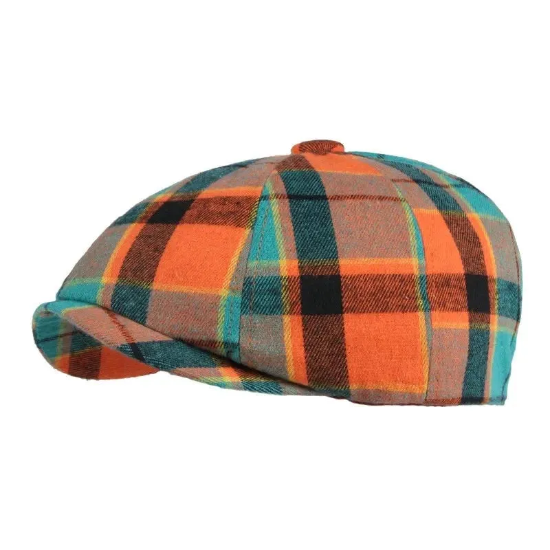 Eight Piece Blue Orange Plaid Cotton Newsboy Cap