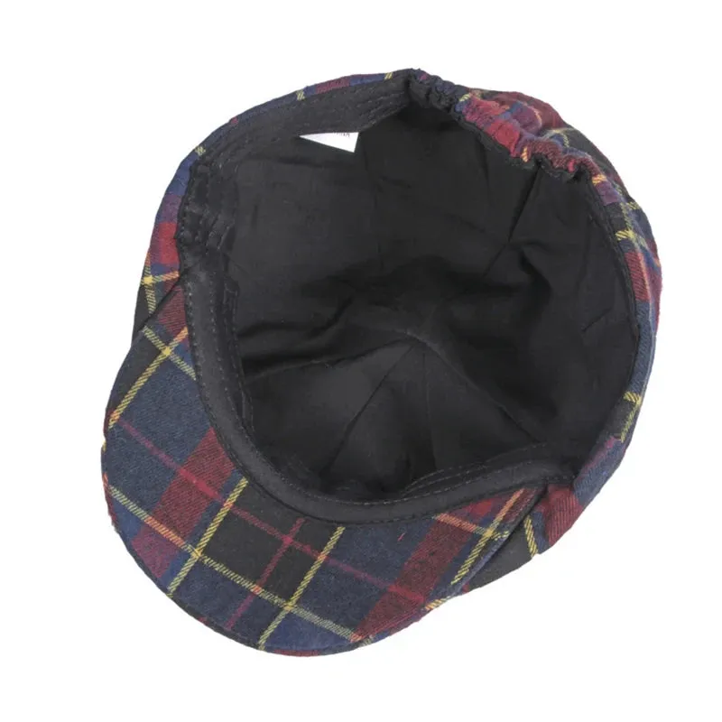 Eight Piece Blue Orange Plaid Cotton Newsboy Cap