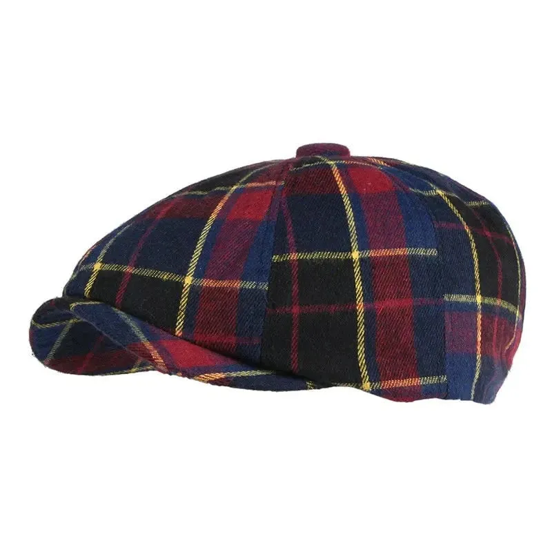 Eight Piece Blue Orange Plaid Cotton Newsboy Cap