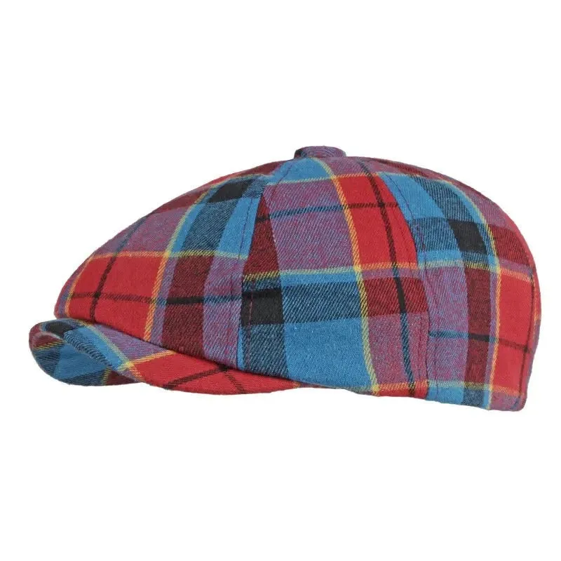 Eight Piece Blue Orange Plaid Cotton Newsboy Cap