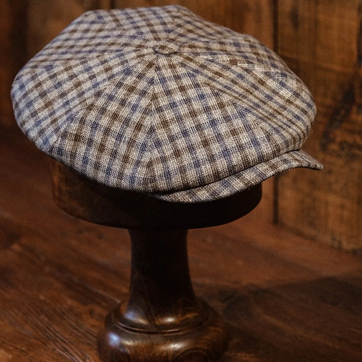 Eight Piece Brown & Navy Gingham Newsboy Cap