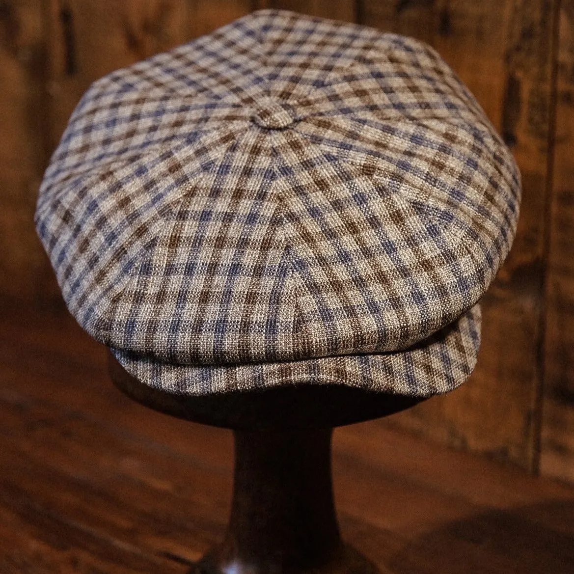 Eight Piece Brown & Navy Gingham Newsboy Cap