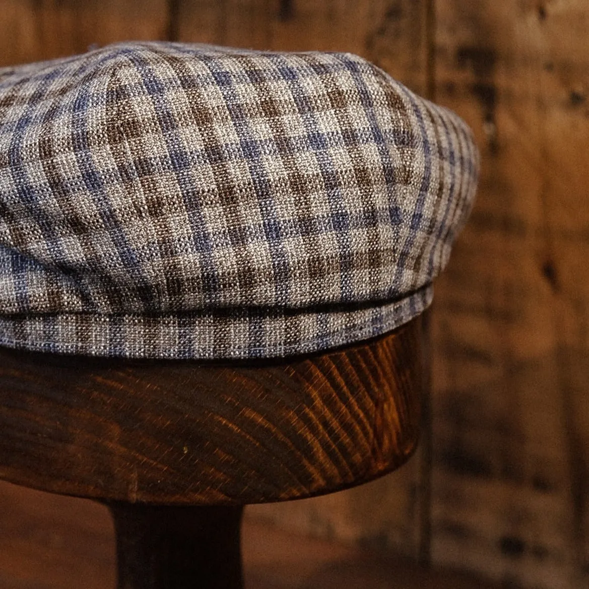 Eight Piece Brown & Navy Gingham Newsboy Cap