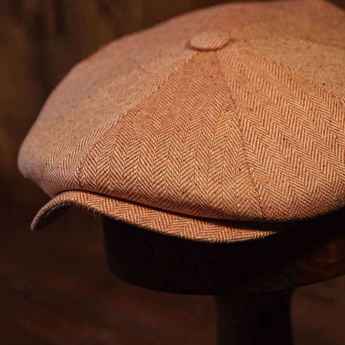 Eight Piece Brown Herringbone Silk Newsboy Cap