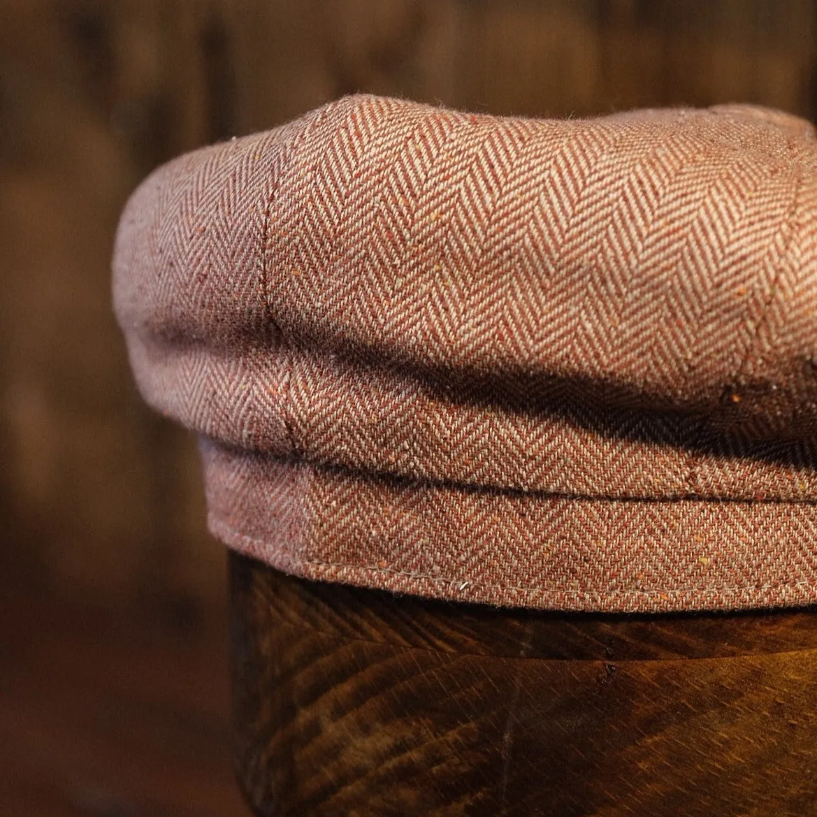 Eight Piece Brown Herringbone Silk Newsboy Cap