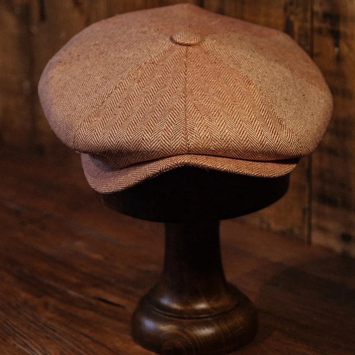 Eight Piece Brown Herringbone Silk Newsboy Cap