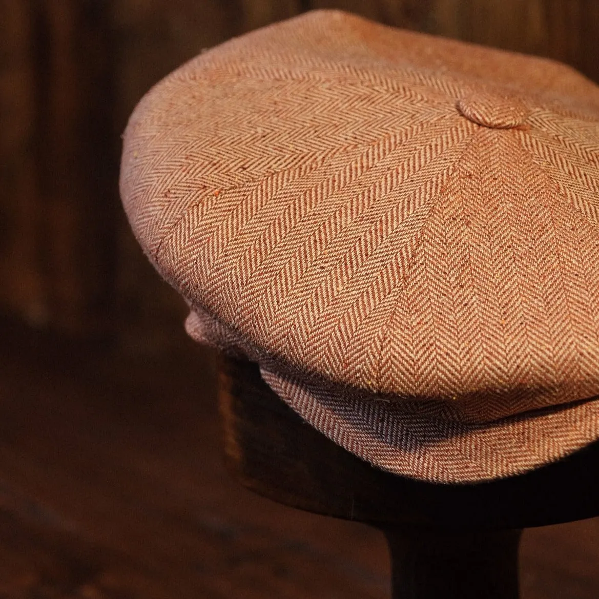 Eight Piece Brown Herringbone Silk Newsboy Cap