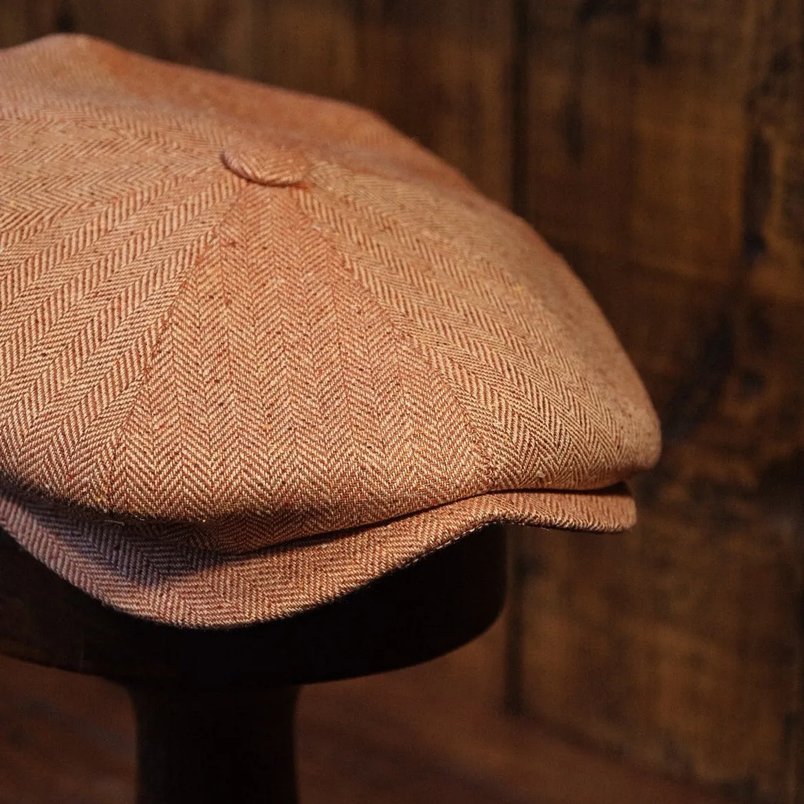 Eight Piece Brown Herringbone Silk Newsboy Cap