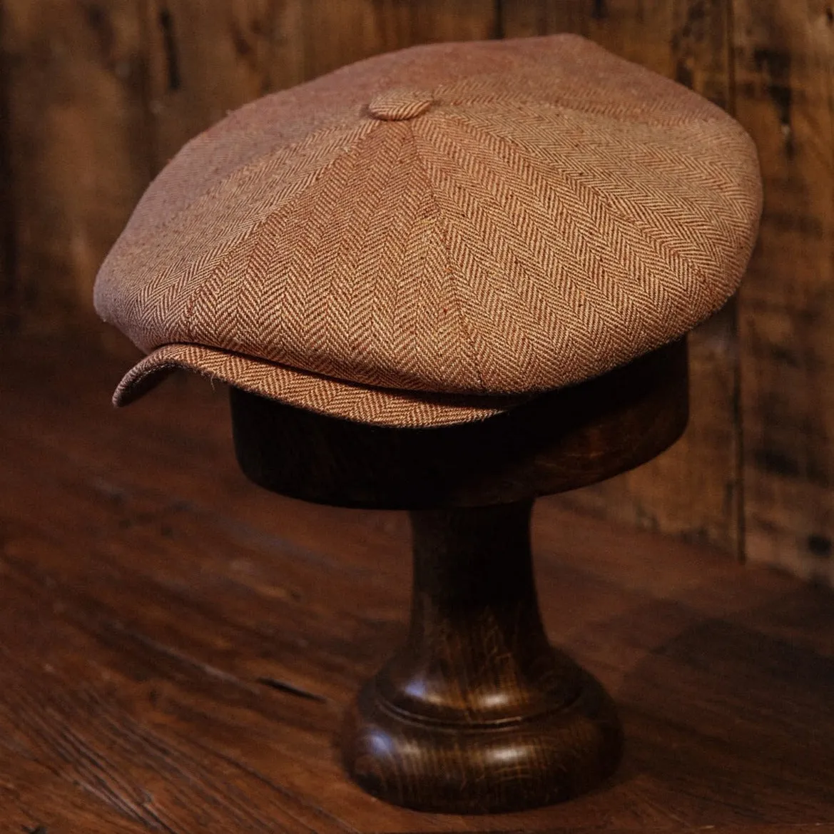 Eight Piece Brown Herringbone Silk Newsboy Cap