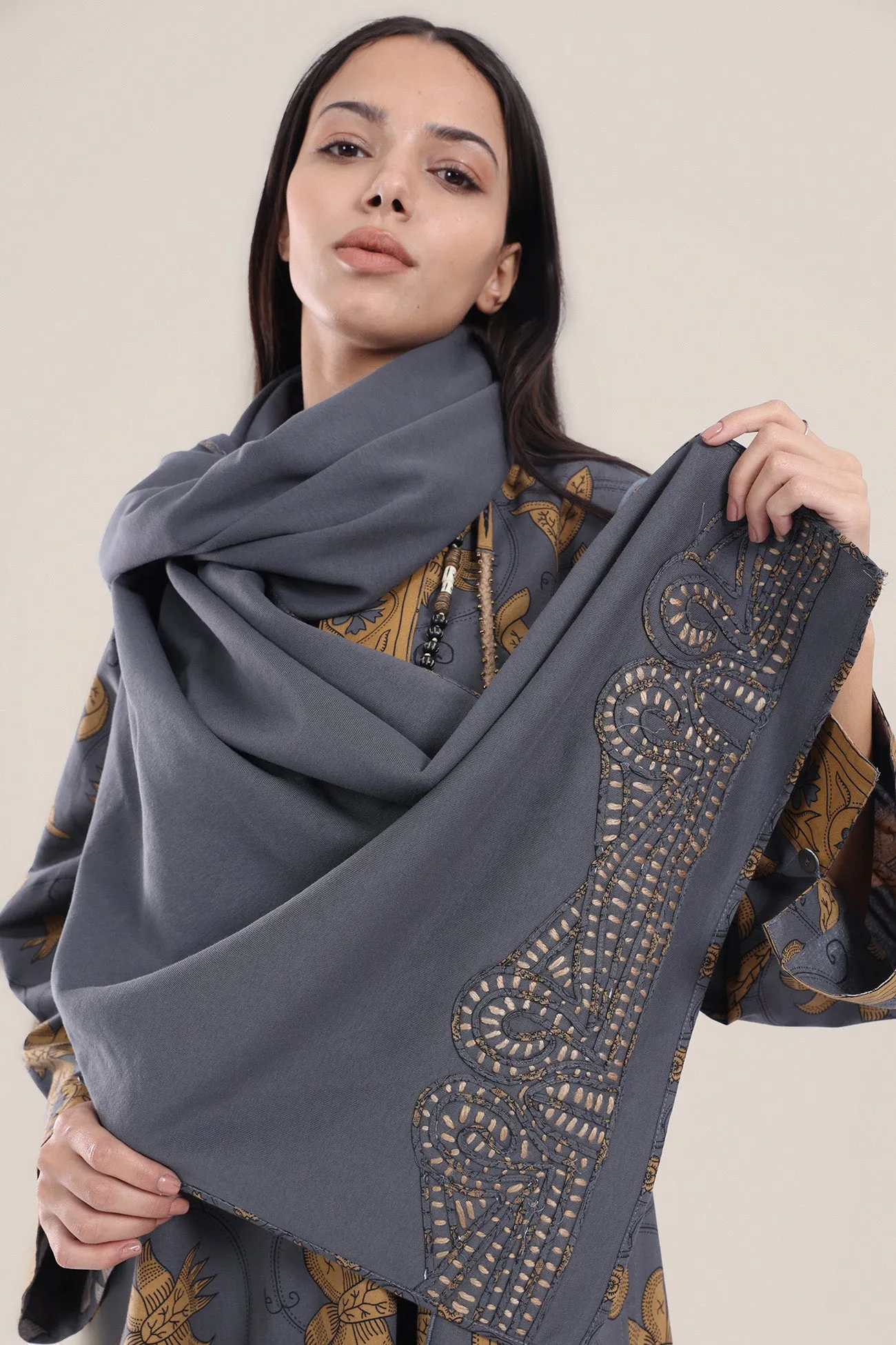 Embroidered cotton milton blend shawl