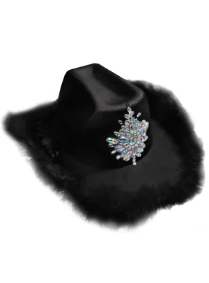 Feather Trim Black Costume Cowboy Hat With Iridescent Crystals