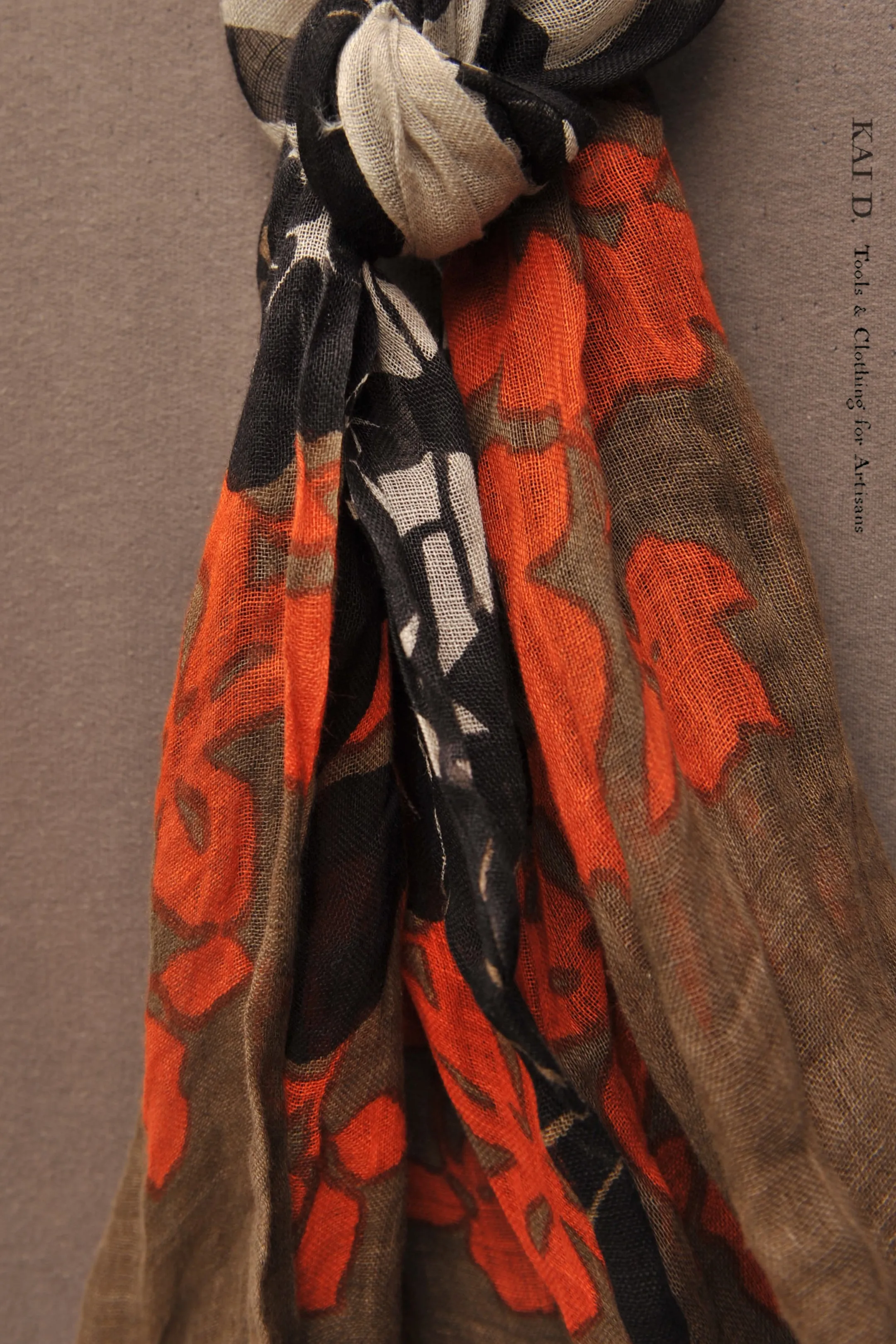 Floral Linen Scarf - Brown/Beige