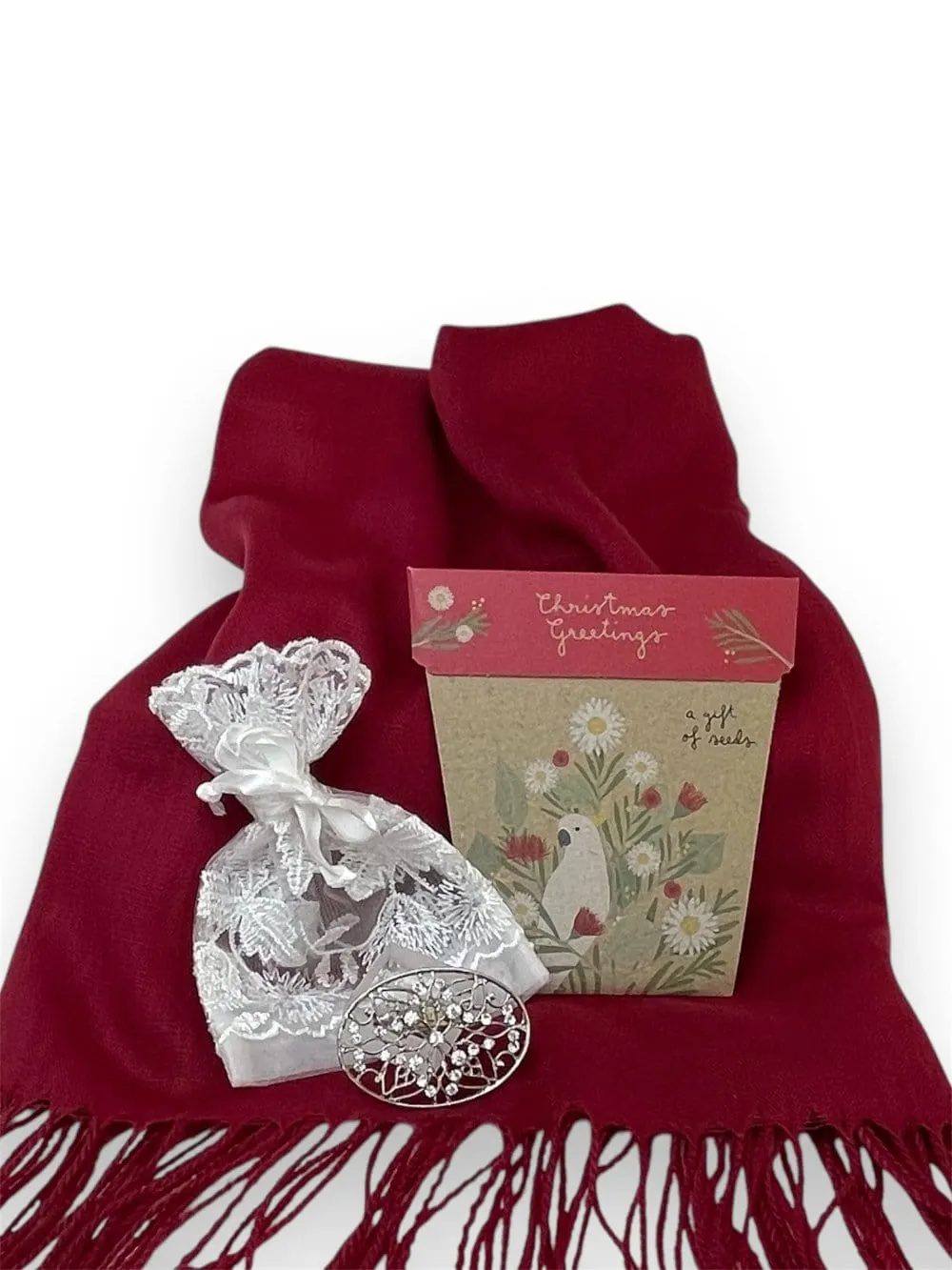 🎄Gift Pack -Red Shawl  Silver Brooch   Card