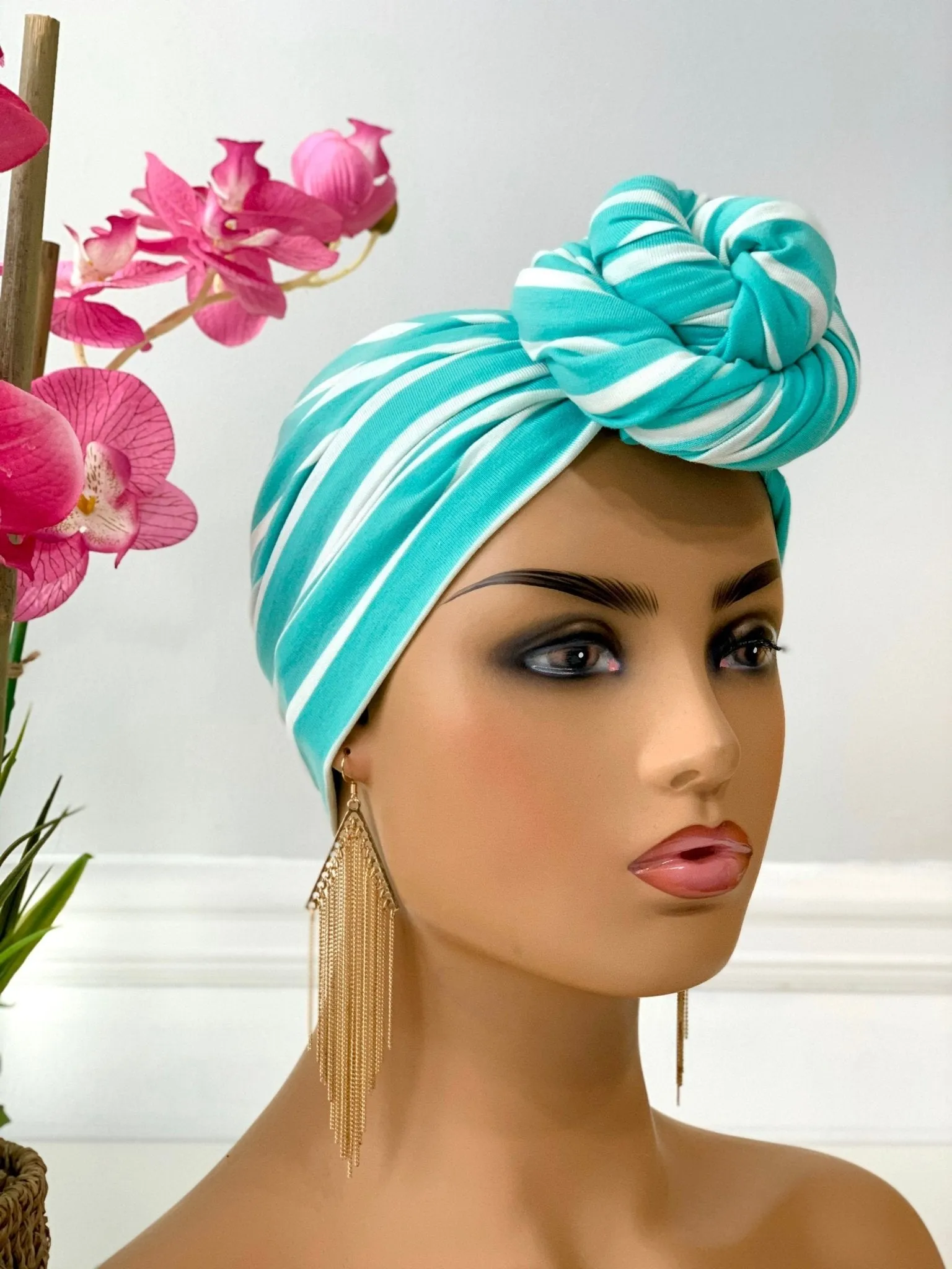 Green & White Stripes Pretied Headwrap