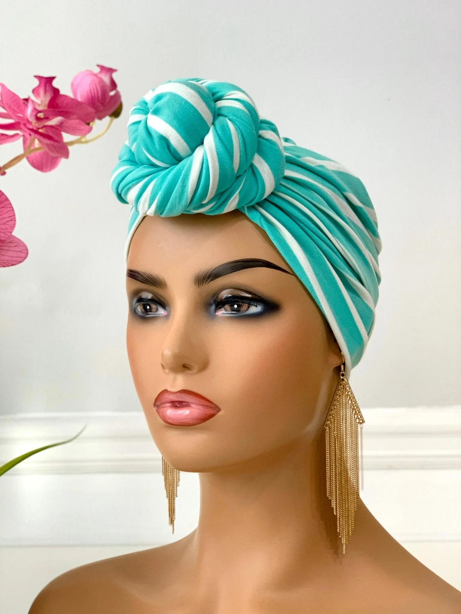 Green & White Stripes Pretied Headwrap