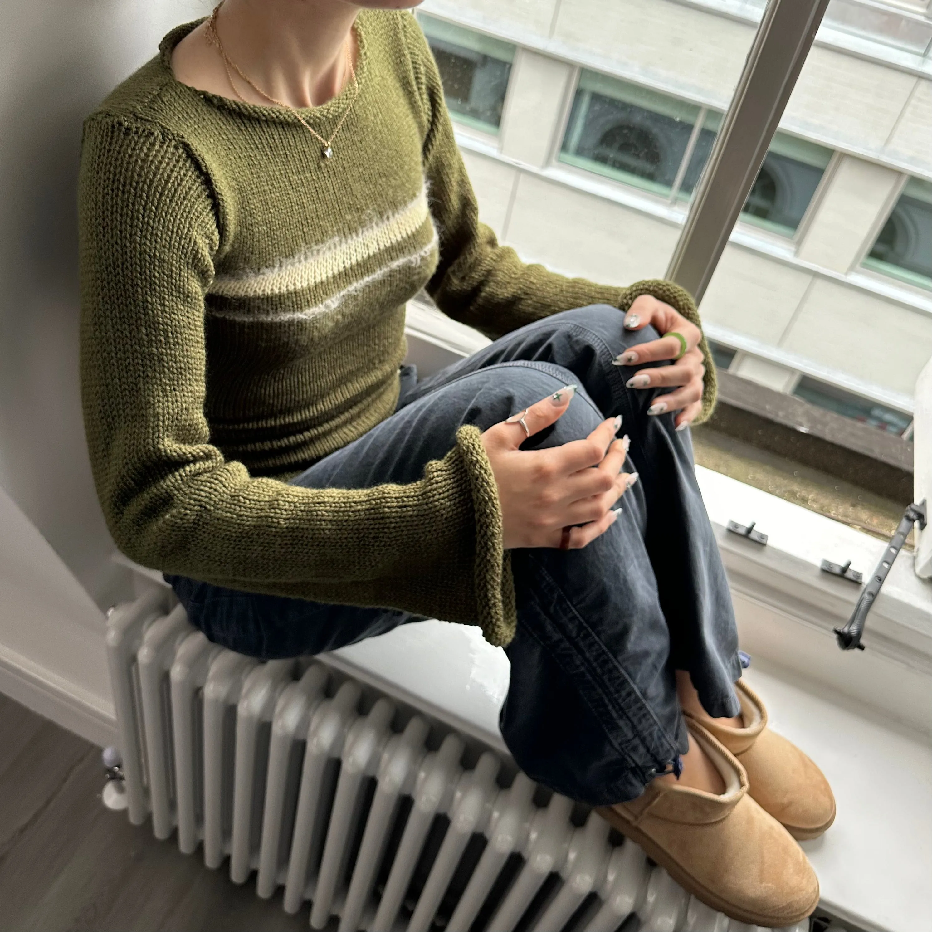 Handmade khaki green bow tie up knit jumper