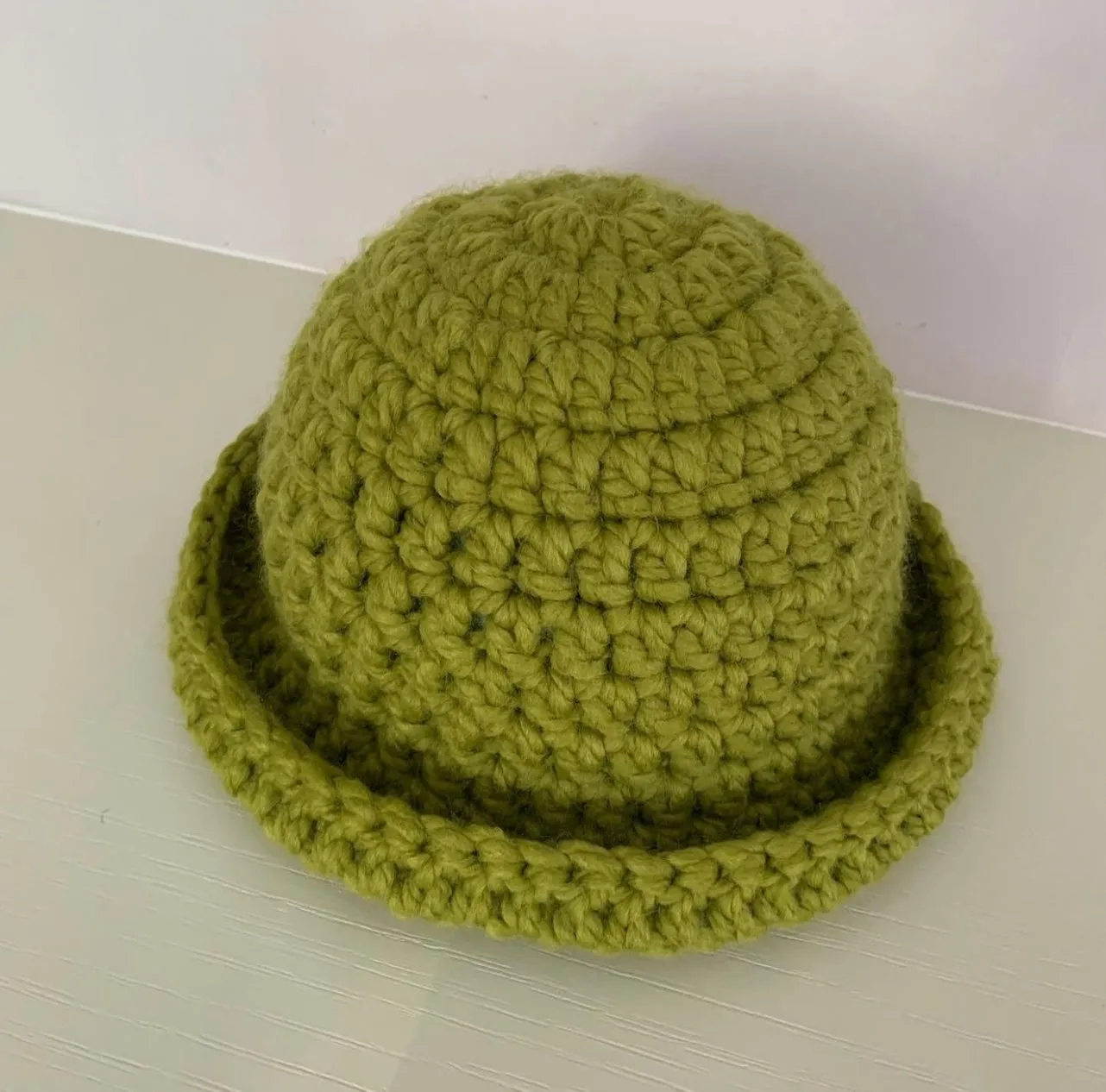 Handmade olive green chunky crochet bowler hat