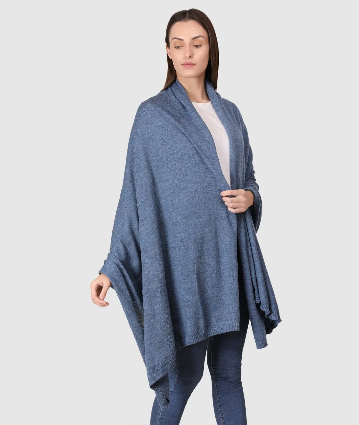 Jersey Knit 100% Merino Wool Shawl (Blue Mélange)